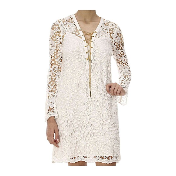 Michael Kors White Long Sleeve Lace Dress Gold Chain Detail Size Medium - Picture 11 of 11